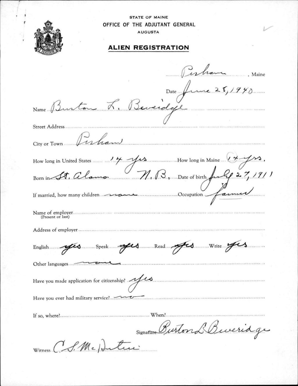 Miniature of Alien Registration- Beveridge, Burton L. (Orient, Aroostook County)
