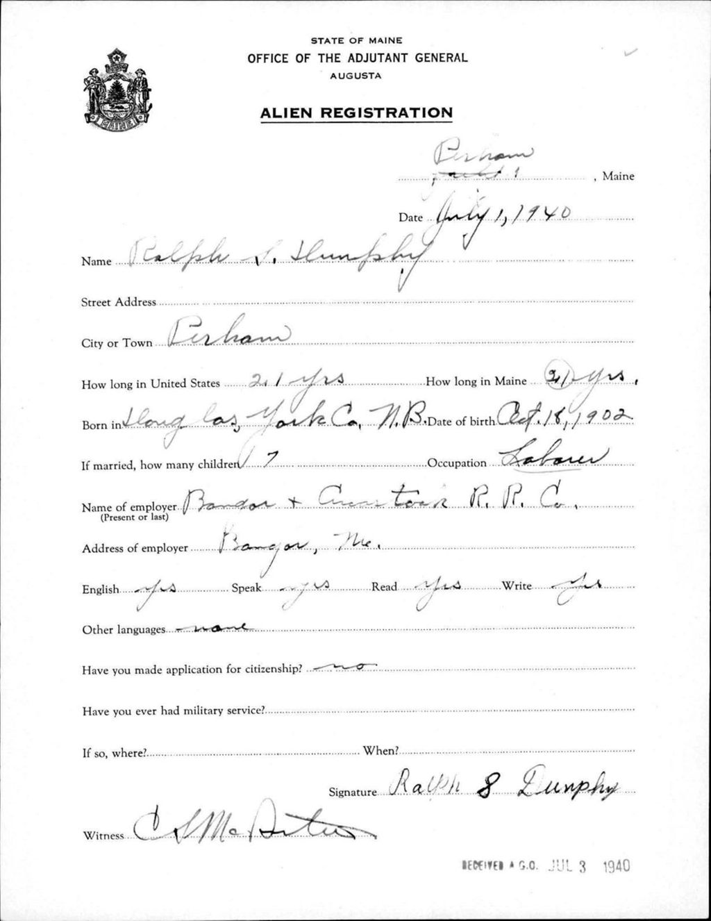 Miniature of Alien Registration- Dunphy, Ralph S. (Orient, Aroostook County)