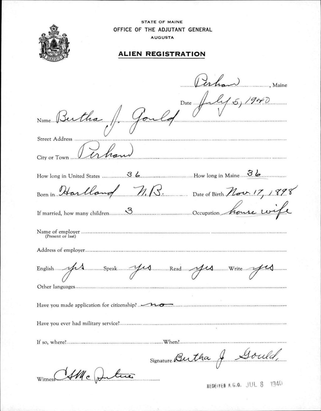 Miniature of Alien Registration- Gould, Bertha J. (Perham, Aroostook County)