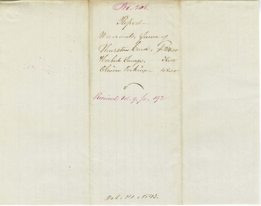 Miniature of Report on the warrants in favor of Thurston Card, Herbert Savage, + Oliver Perkins for pensions