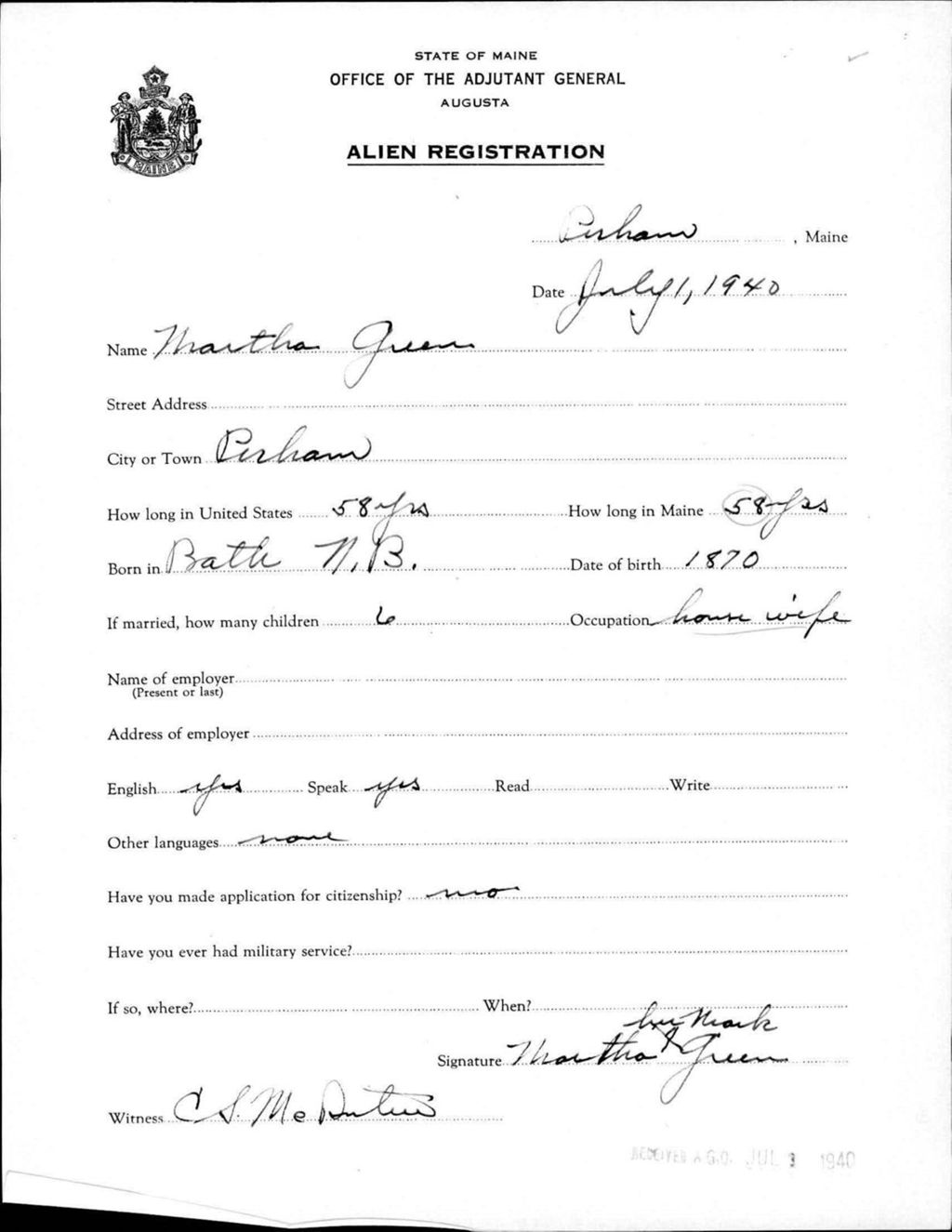 Miniature of Alien Registration- Green, Martha (Perham, Aroostook County)