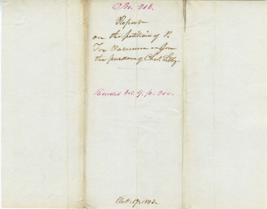 Miniature of Report on the petition of P. Fox Varnum and others for the pardon of Charles Libby