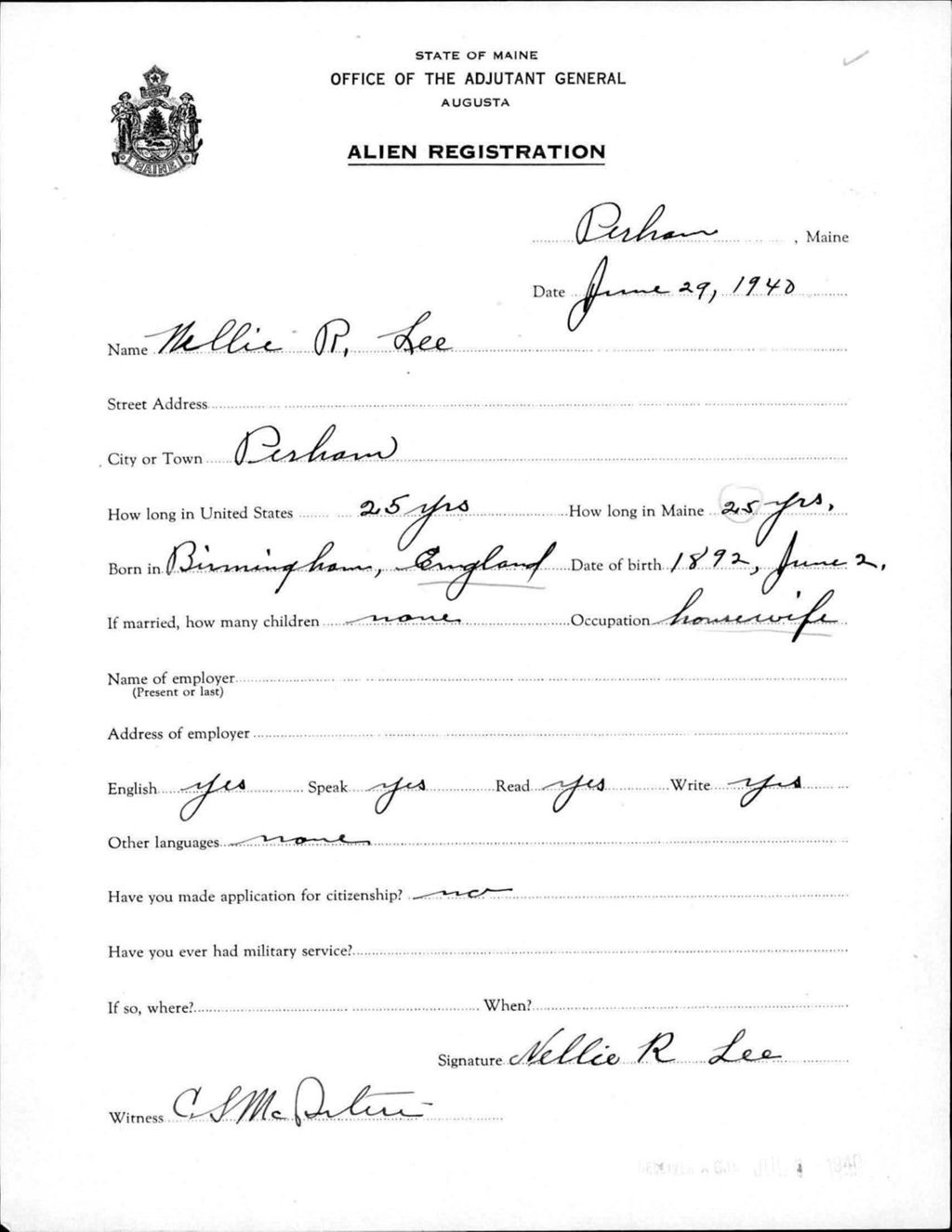 Miniature of Alien Registration- Lee, Nellie R. (Perham, Aroostook County)