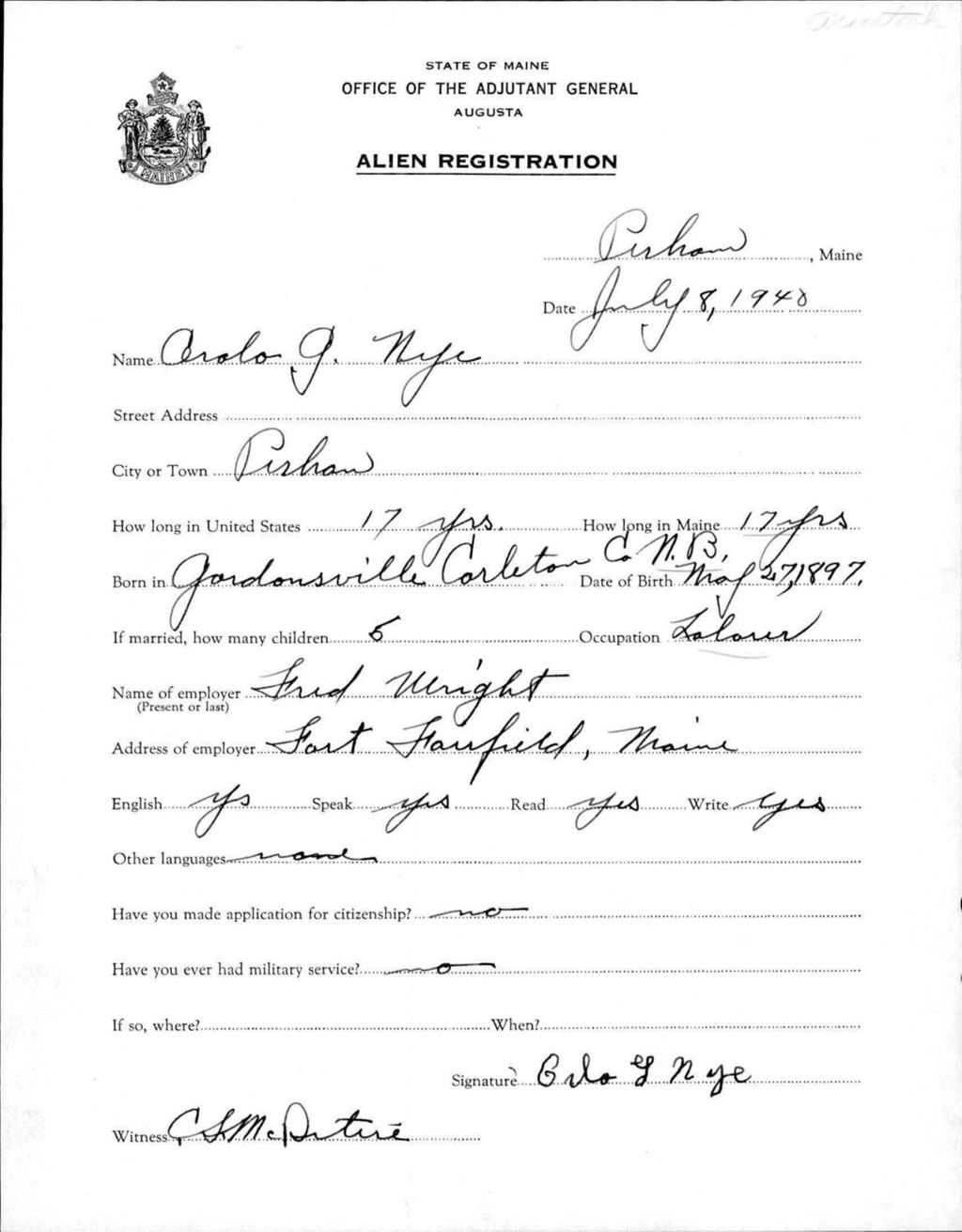 Miniature of Alien Registration- Nye, Arlo G. (Perham, Aroostook County)