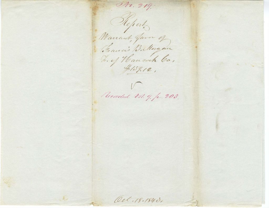 Miniature of Report, warrant, favor of Francis B. Morgan, T. of Hancock Co.