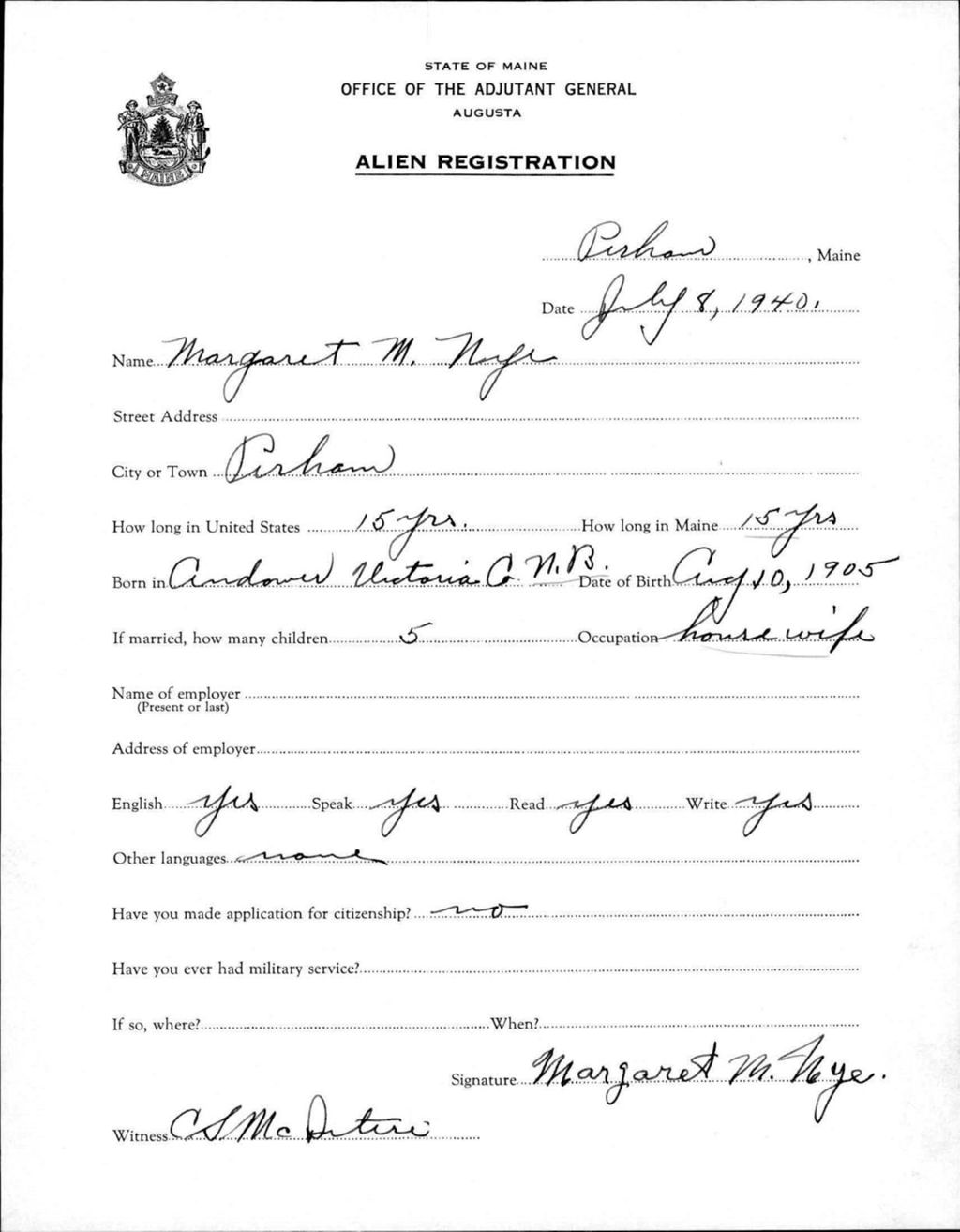 Miniature of Alien Registration- Nye, Margaret M. (Perham, Aroostook County)