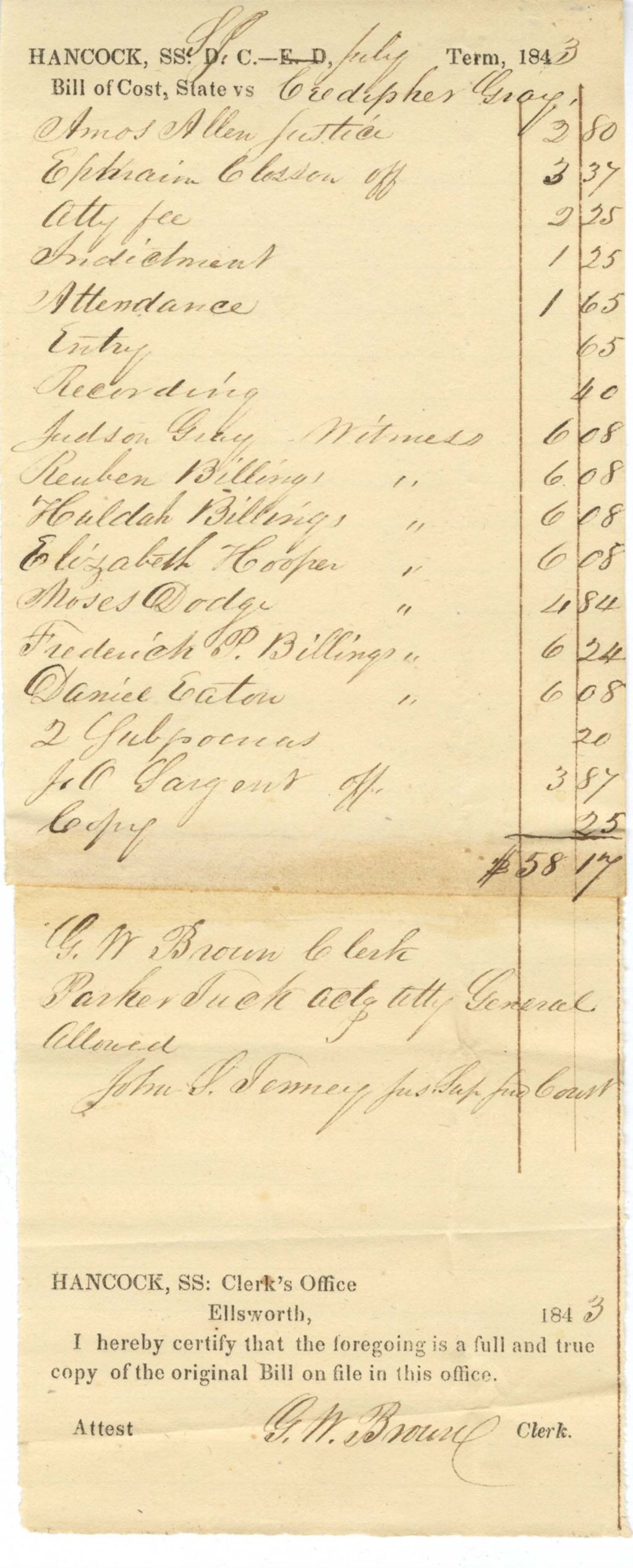 Miniature of Bill of Cost, State v. [?] Gray