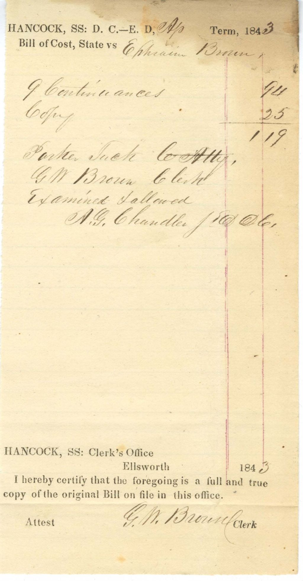Miniature of Bill of Cost, State v. Ephraim Brown