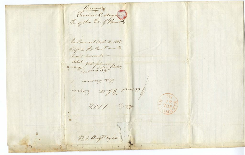 Miniature of Account, Francis B. Morgan - Treasurer of the County of Hancock