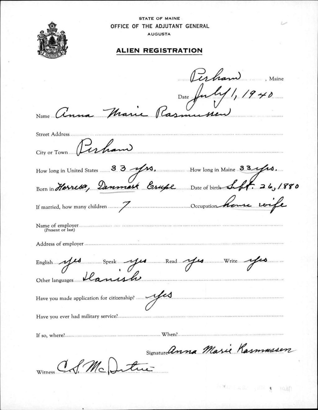 Miniature of Alien Registration- Rasmussen, Anna M. (Perham, Aroostook County)