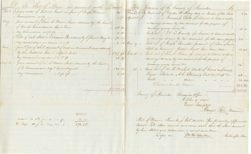 Miniature of Treasurer's Account, County of Kennebec