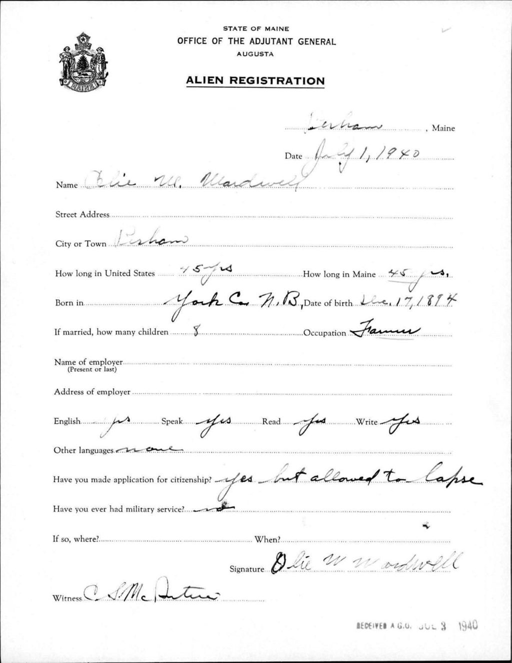 Miniature of Alien Registration- Wardwell, Olie W. (Perham, Aroostook County)