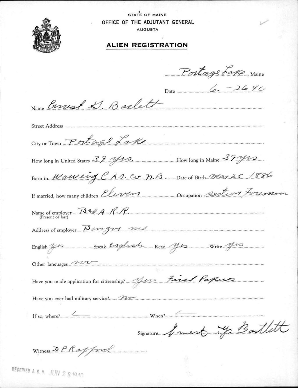 Miniature of Alien Registration- Barlett, Ernest G. (Portage Lake, Aroostook County)