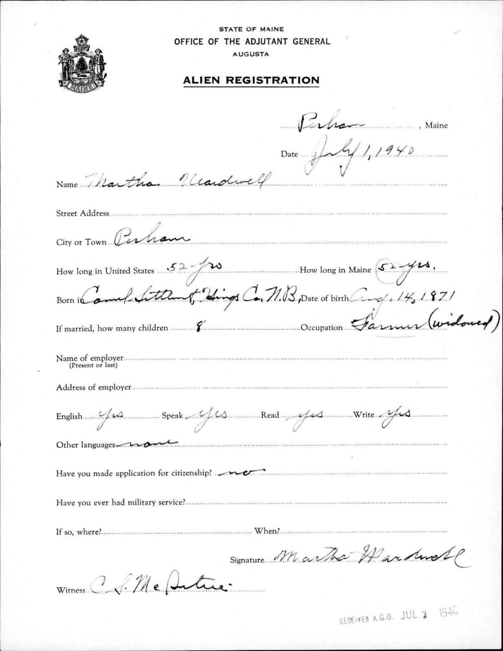 Miniature of Alien Registration- Wardwell, Martha (Perham, Aroostook County)