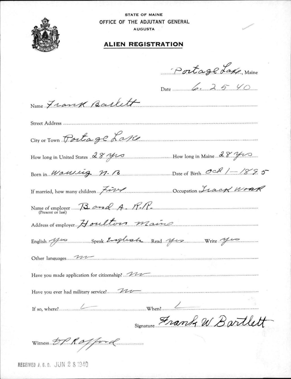 Miniature of Alien Registration- Barlett, Frank (Portage Lake, Aroostook County)