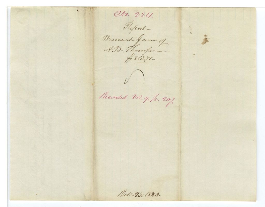 Miniature of Report on the warrant in favor of Abner B. Thompson for auditing the Aroostook claims at Washington