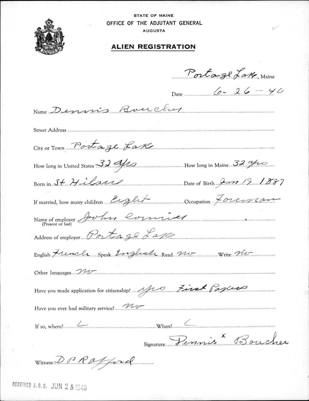 Miniature of Alien Registration- Boucher, Dennis (Portage Lake, Aroostook County)