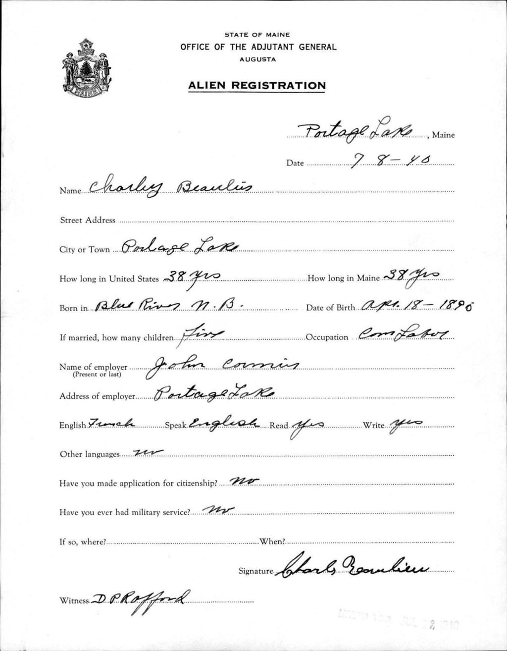 Miniature of Alien Registration- Beaulieu, Charles (Portage Lake, Aroostook County)