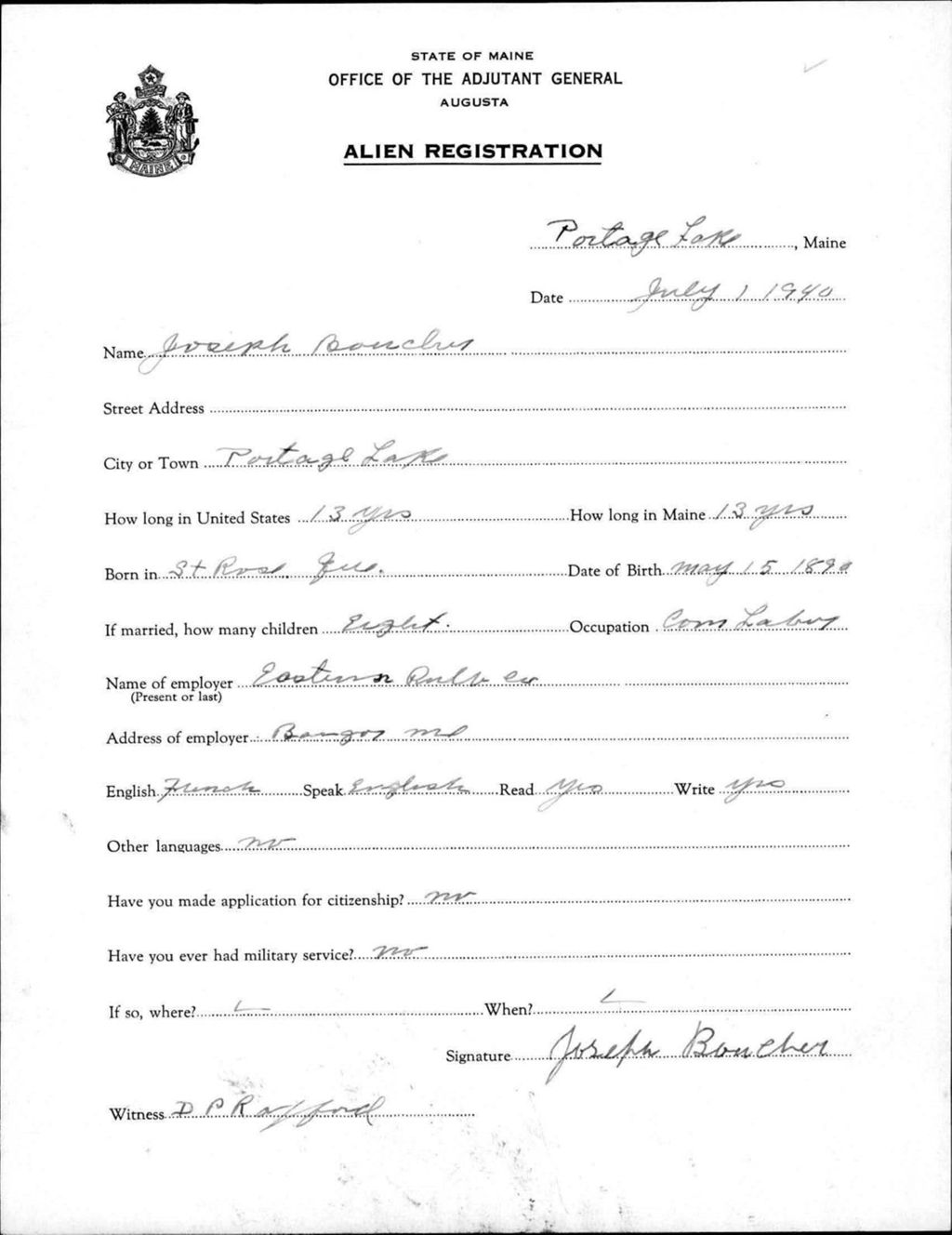 Miniature of Alien Registration- Boucher, Joseph (Portage Lake, Aroostook County)