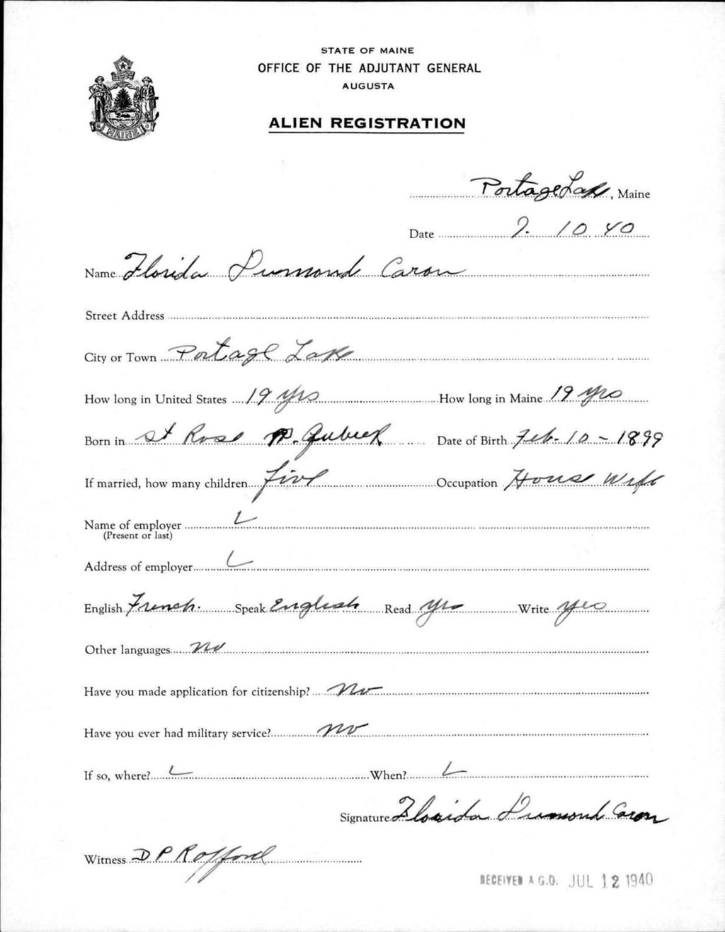 Miniature of Alien Registration- Dumond, Florida (Portage Lake, Aroostook County)
