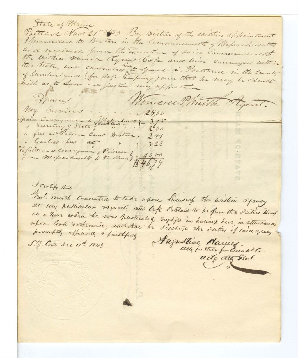 Miniature of Warrant in favor of W. P. Smith to receive C. Cole