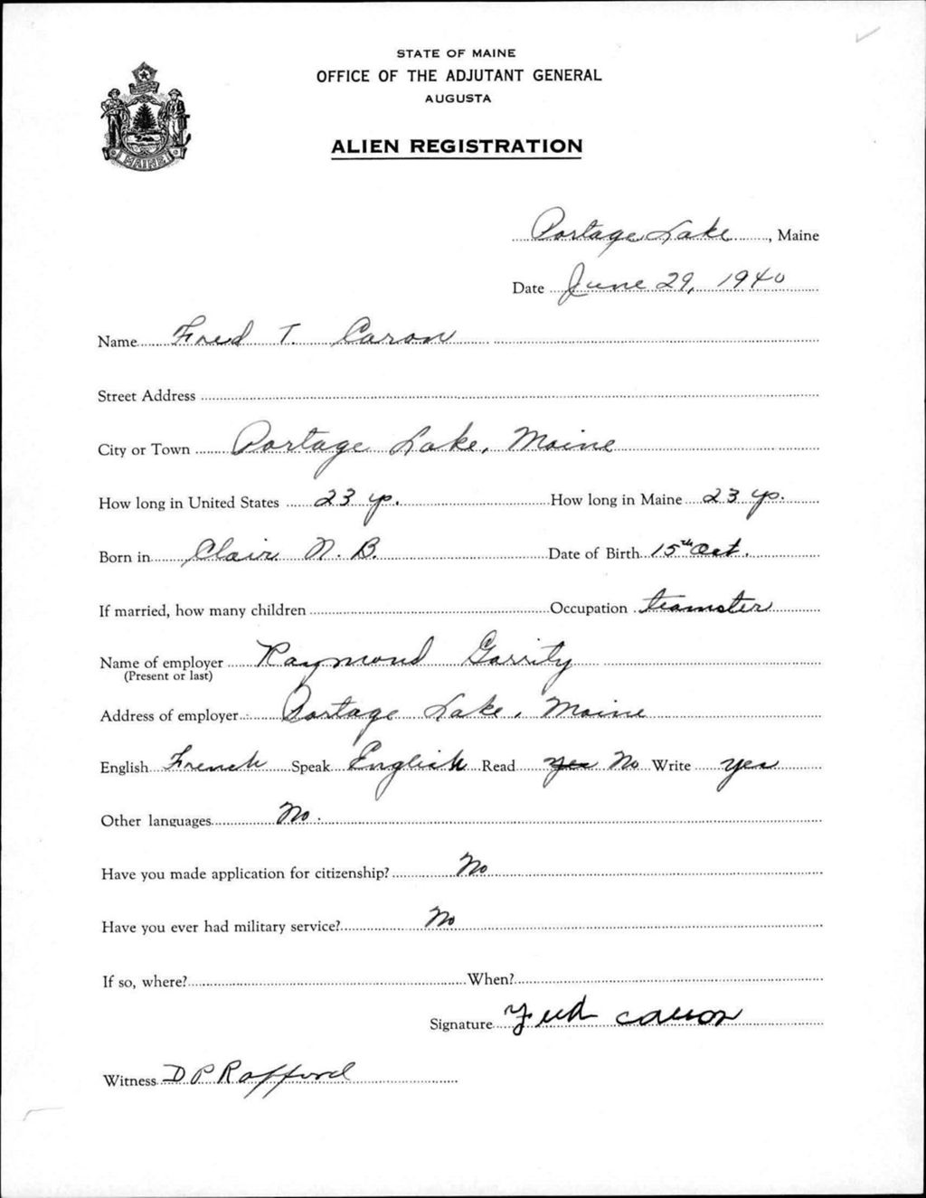 Miniature of Alien Registration- Caron, Fred T. (Portage Lake, Aroostook County)