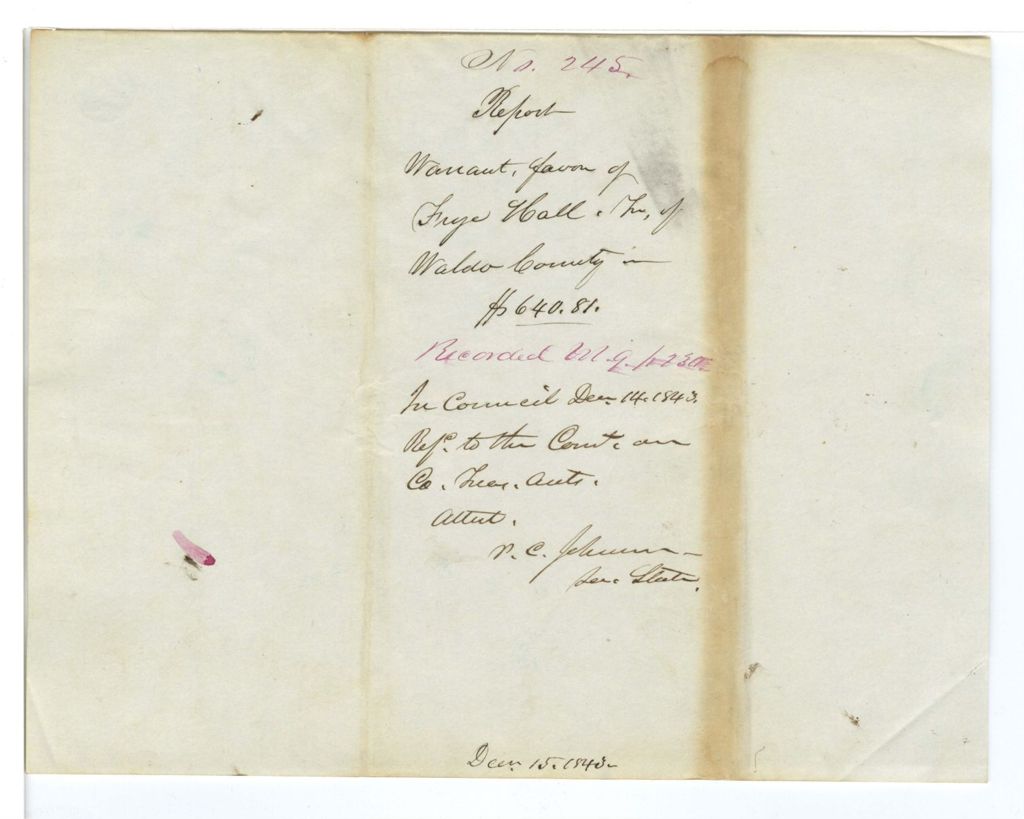 Miniature of Report, warrant in favor of Frye Hall, Treasurer of Waldo County