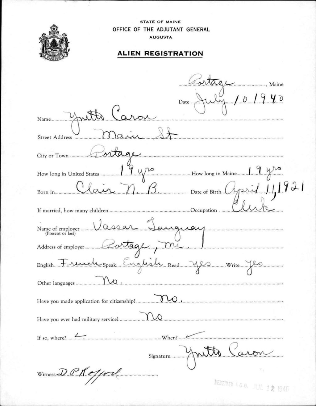 Miniature of Alien Registration- Caron, Yvette (Portage Lake, Aroostook County)
