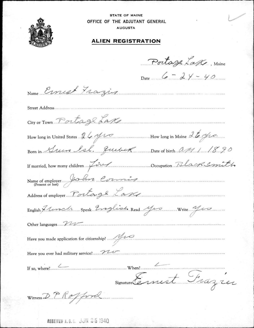 Miniature of Alien Registration- Frazier, Ernest (Portage Lake, Aroostook County)