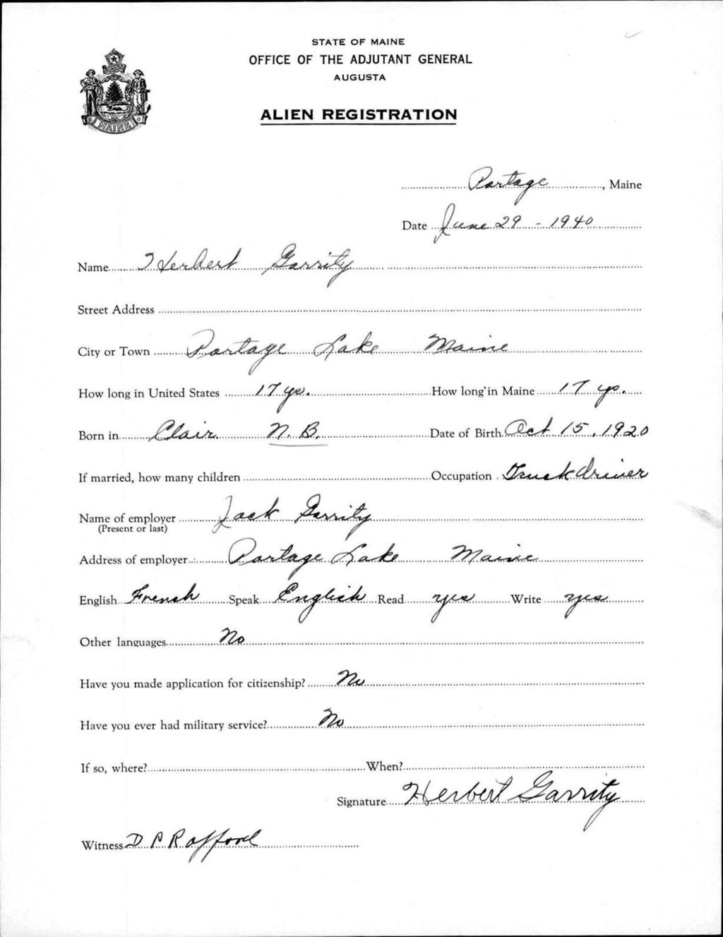 Miniature of Alien Registration- Garrity, Herbert (Portage Lake, Aroostook County)