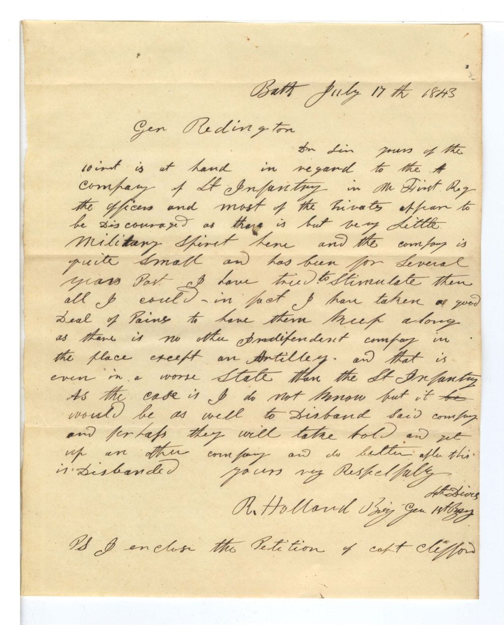 Miniature of Petition of Brigadier General R. Holland to have the A Company of Light Infrantry 1 disbanded