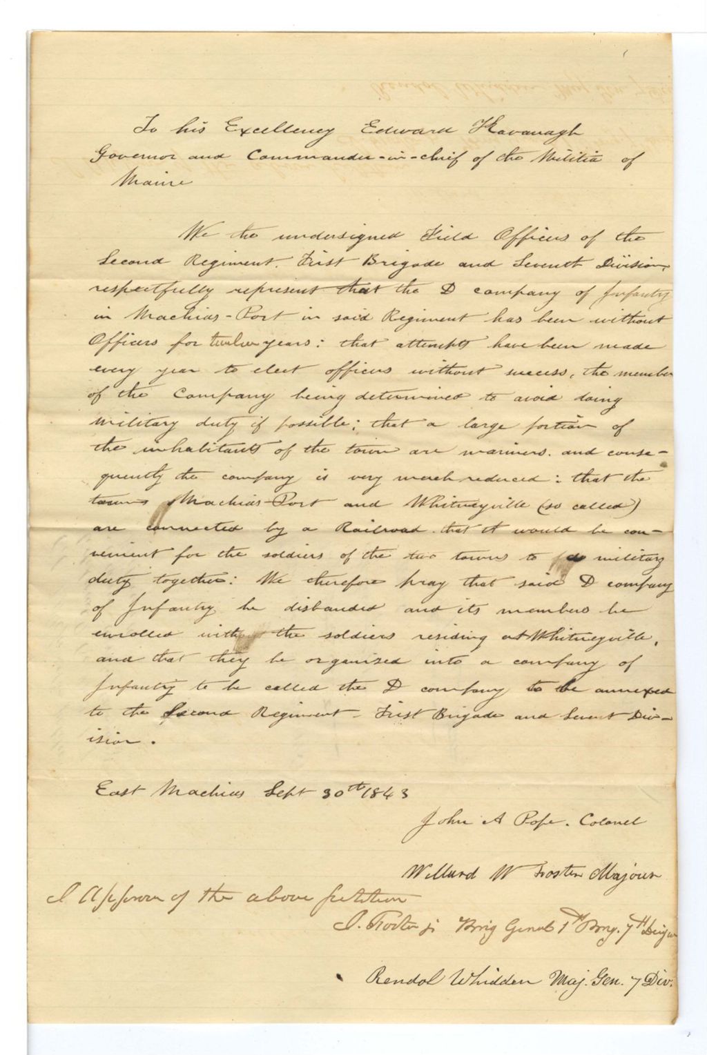 Miniature of Petition of Colonel J. A. Pole to have the D Company of Infantry 2-1-7 disbanded