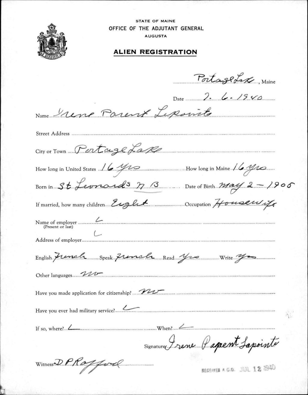 Miniature of Alien Registration- Parent, Irene (Portage Lake, Aroostook County)