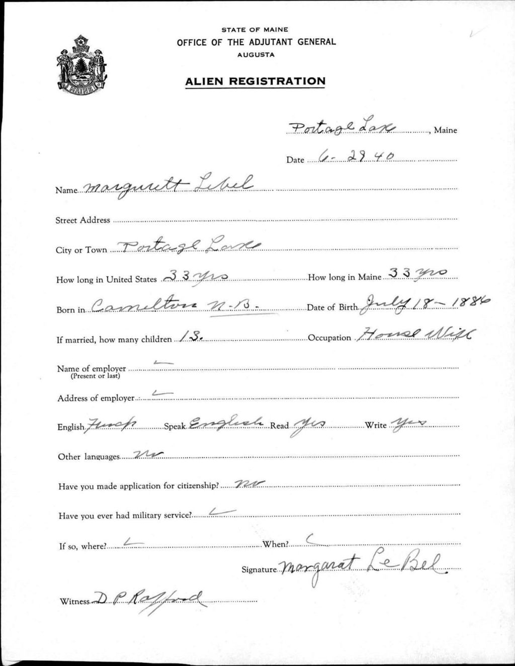 Miniature of Alien Registration- Lebel, Margarett (Portage Lake, Aroostook County)