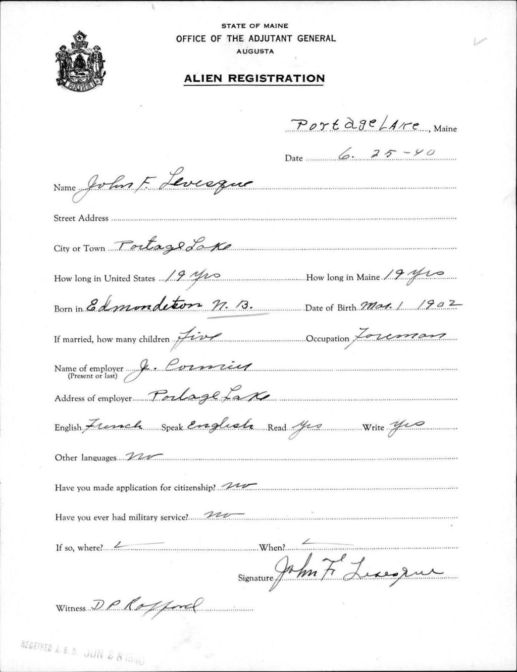 Miniature of Alien Registration- Levesque, John F. (Portage Lake, Aroostook County)