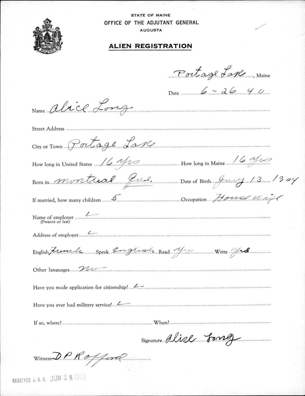 Miniature of Alien Registration- Long, Alice (Portage Lake, Aroostook County)