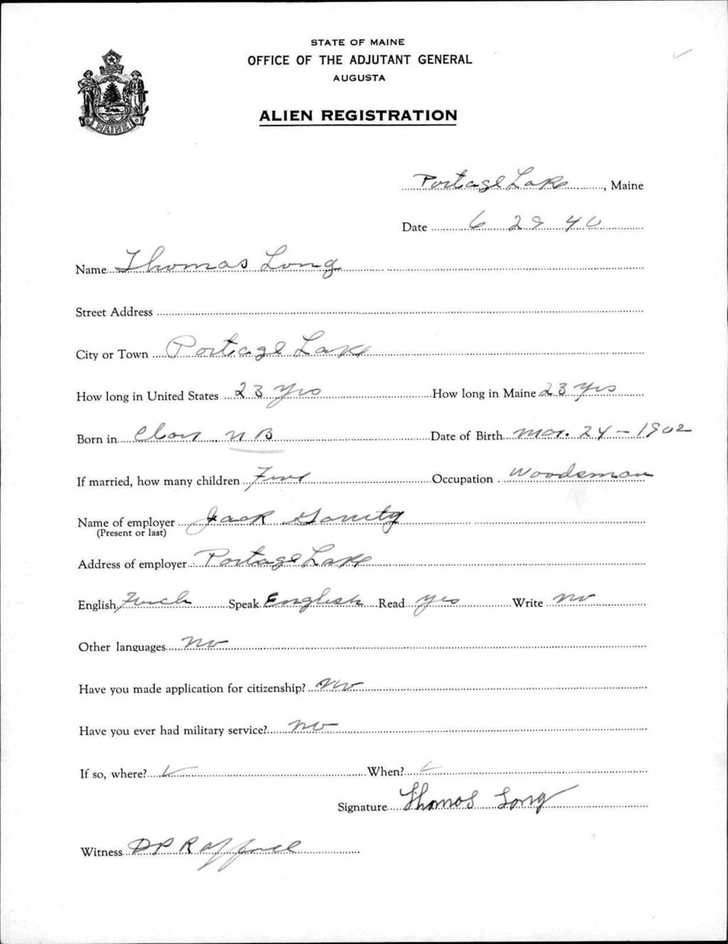 Miniature of Alien Registration- Long, Thomas (Portage Lake, Aroostook County)