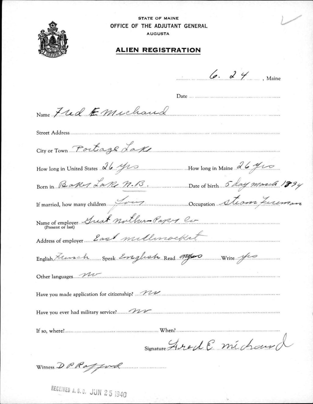 Miniature of Alien Registration- Michaud, Fred E. (Portage Lake, Aroostook County)