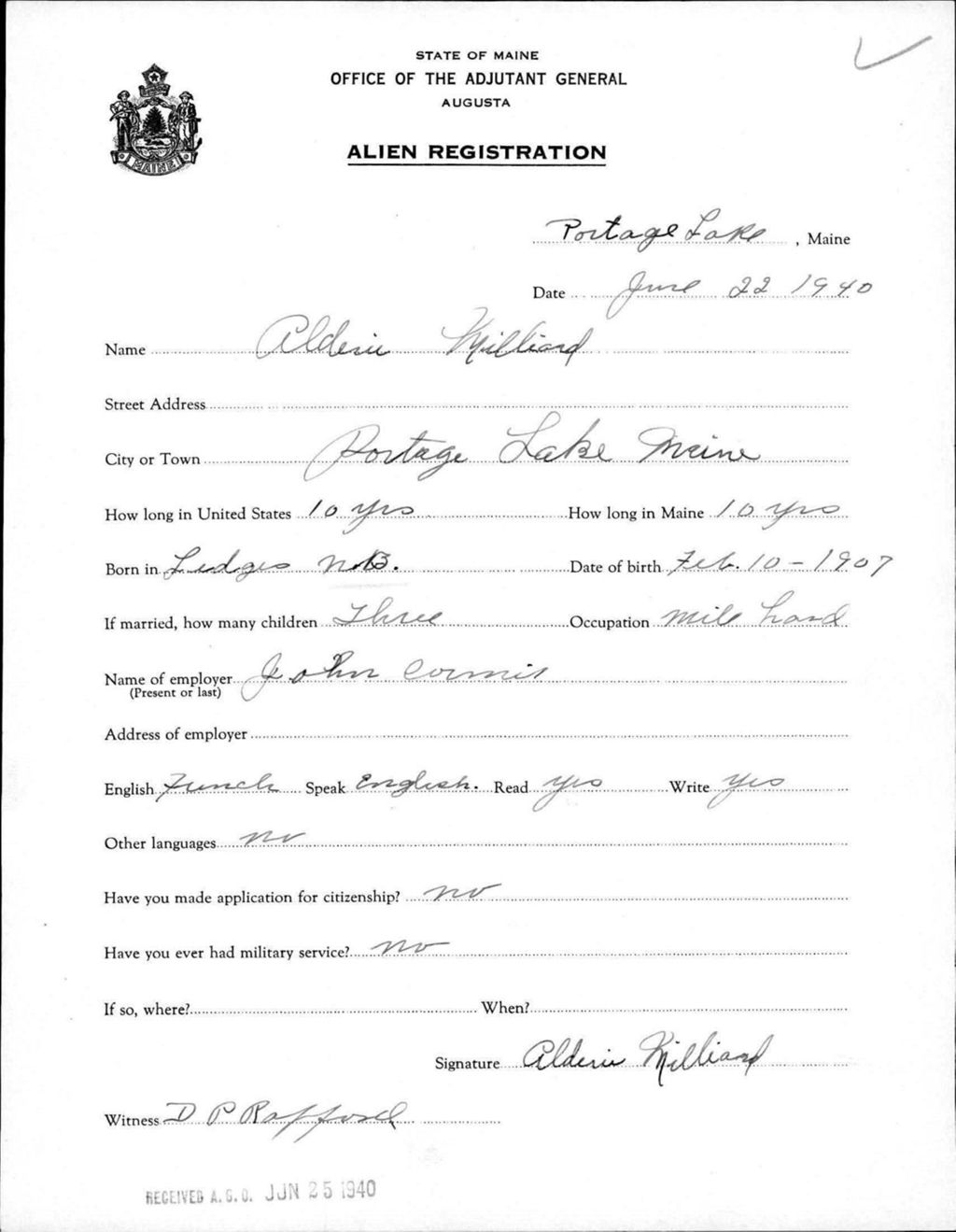 Miniature of Alien Registration- Millard, Alderie (Portage Lake, Aroostook County)