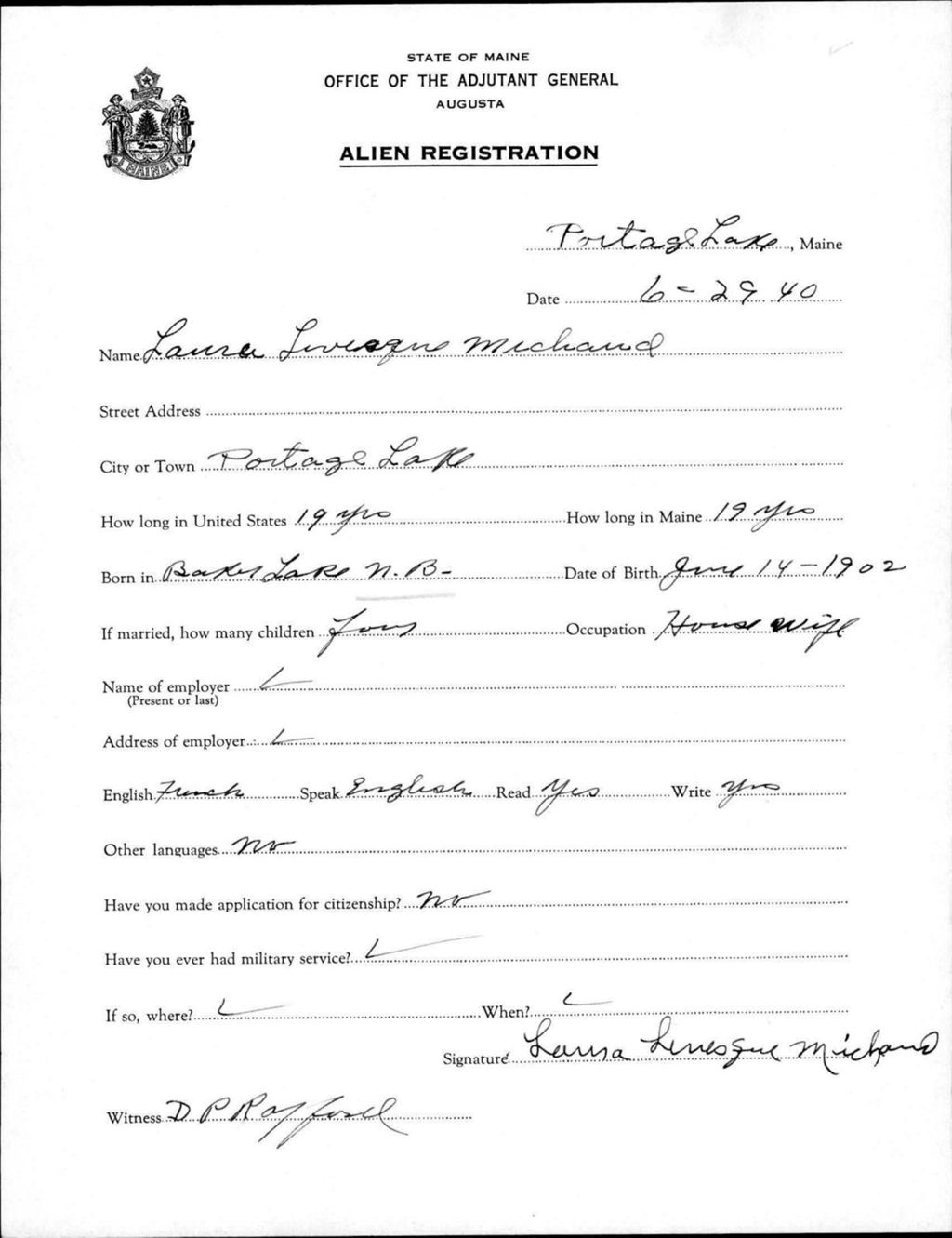 Miniature of Alien Registration- Levesque, Laura (Portage Lake, Aroostook County)