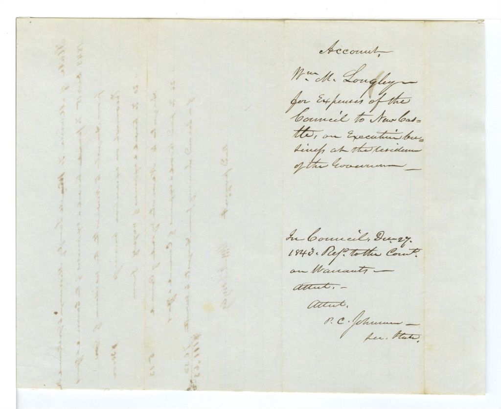 Miniature of Account, W. M. Langley for expenses of the Council to New Castle, on expedition [believing?] on the wisdom of the Governor