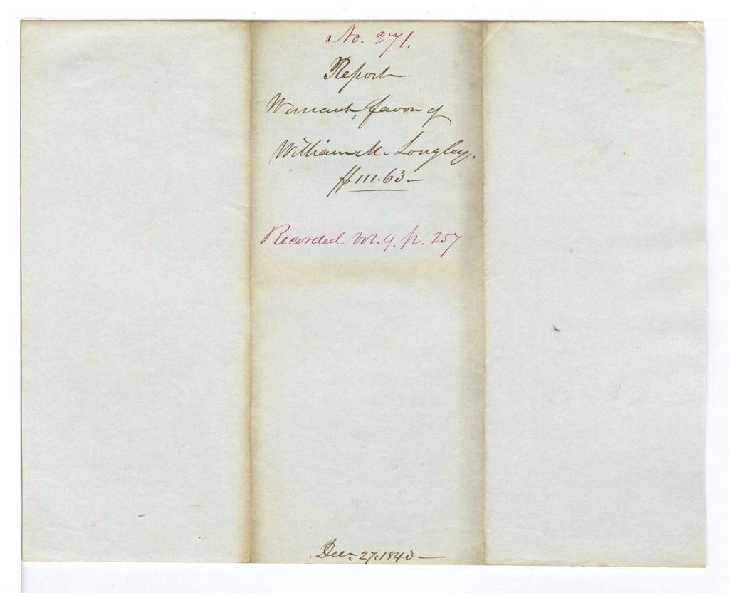 Miniature of Report, warrant in favor of William M. Langley