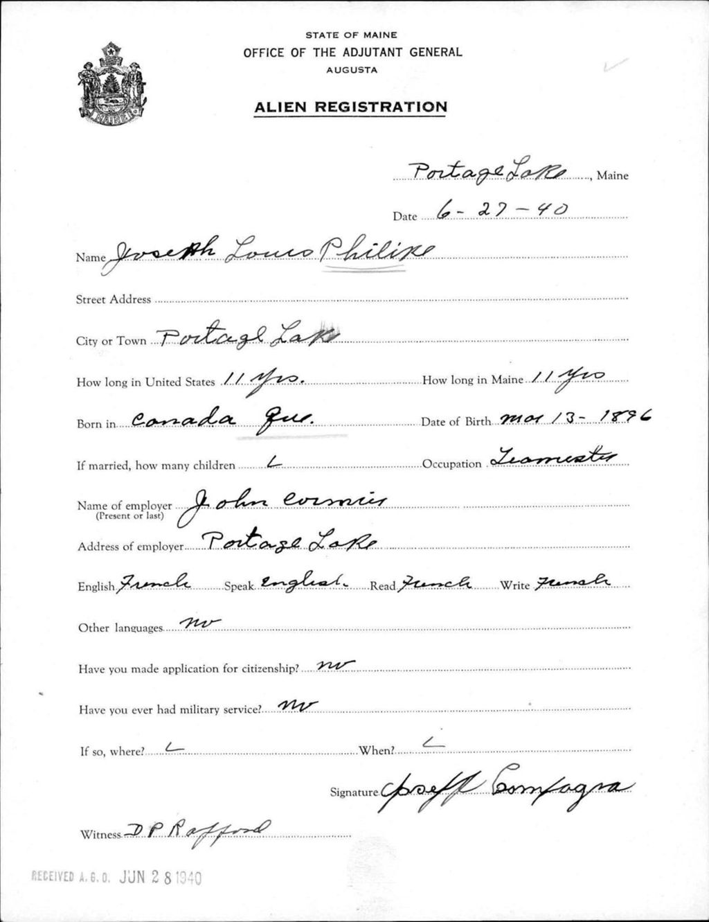 Miniature of Alien Registration- Philipe, Joseph L. (Portage Lake, Aroostook County)