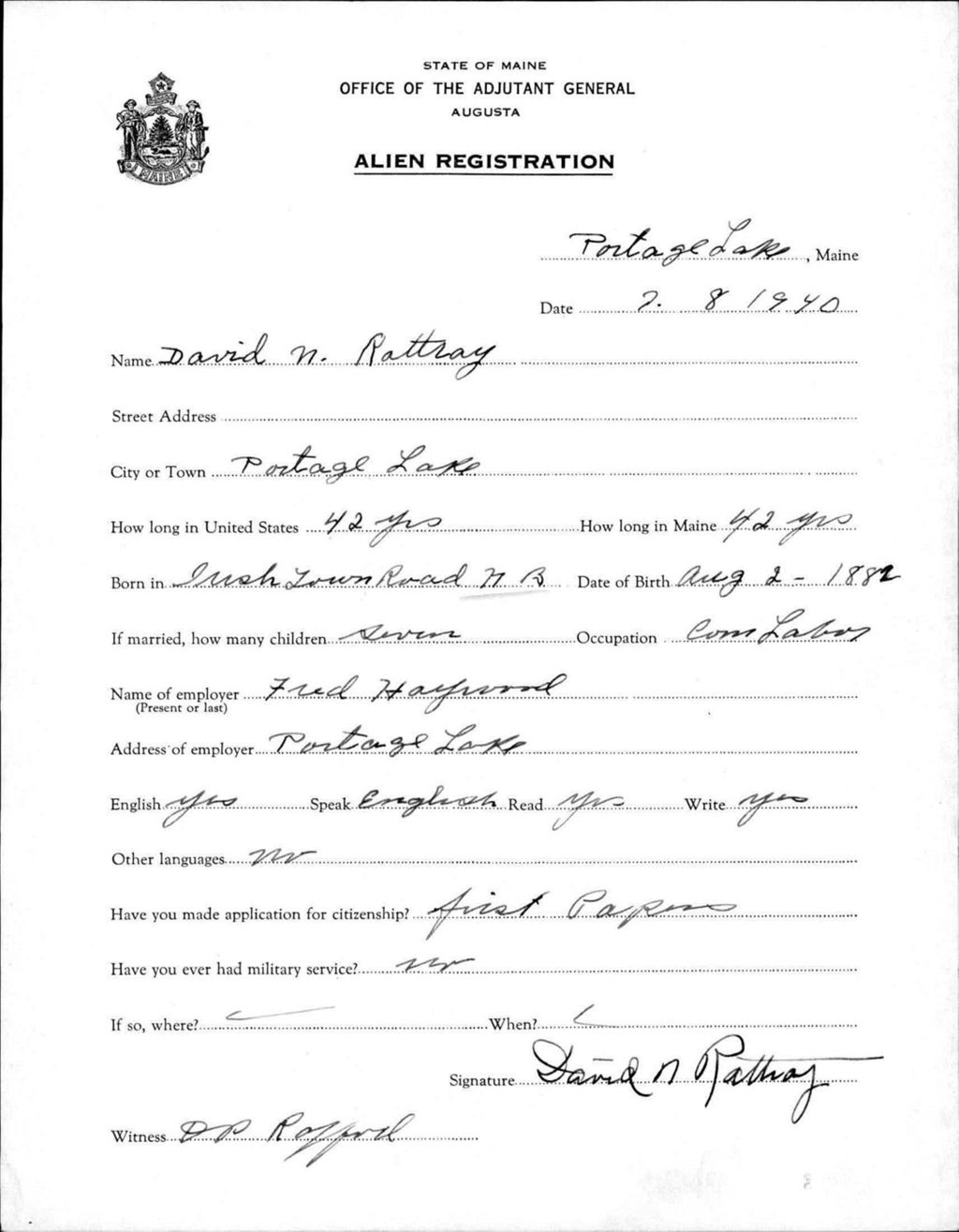 Miniature of Alien Registration- Rattnay, David N. (Portage Lake, Aroostook County)