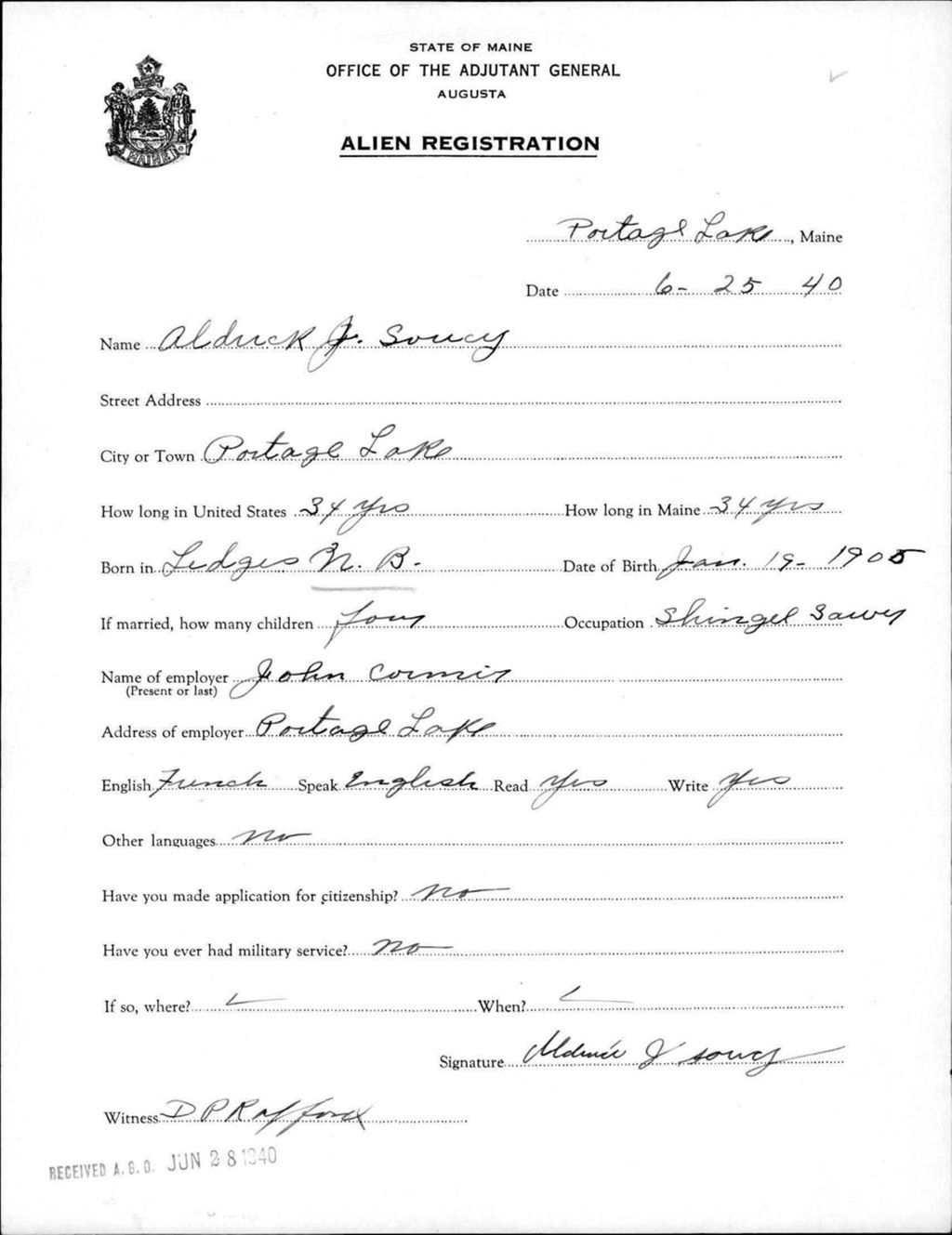 Miniature of Alien Registration- Soucy, Aldrich J. (Portage Lake, Aroostook County)