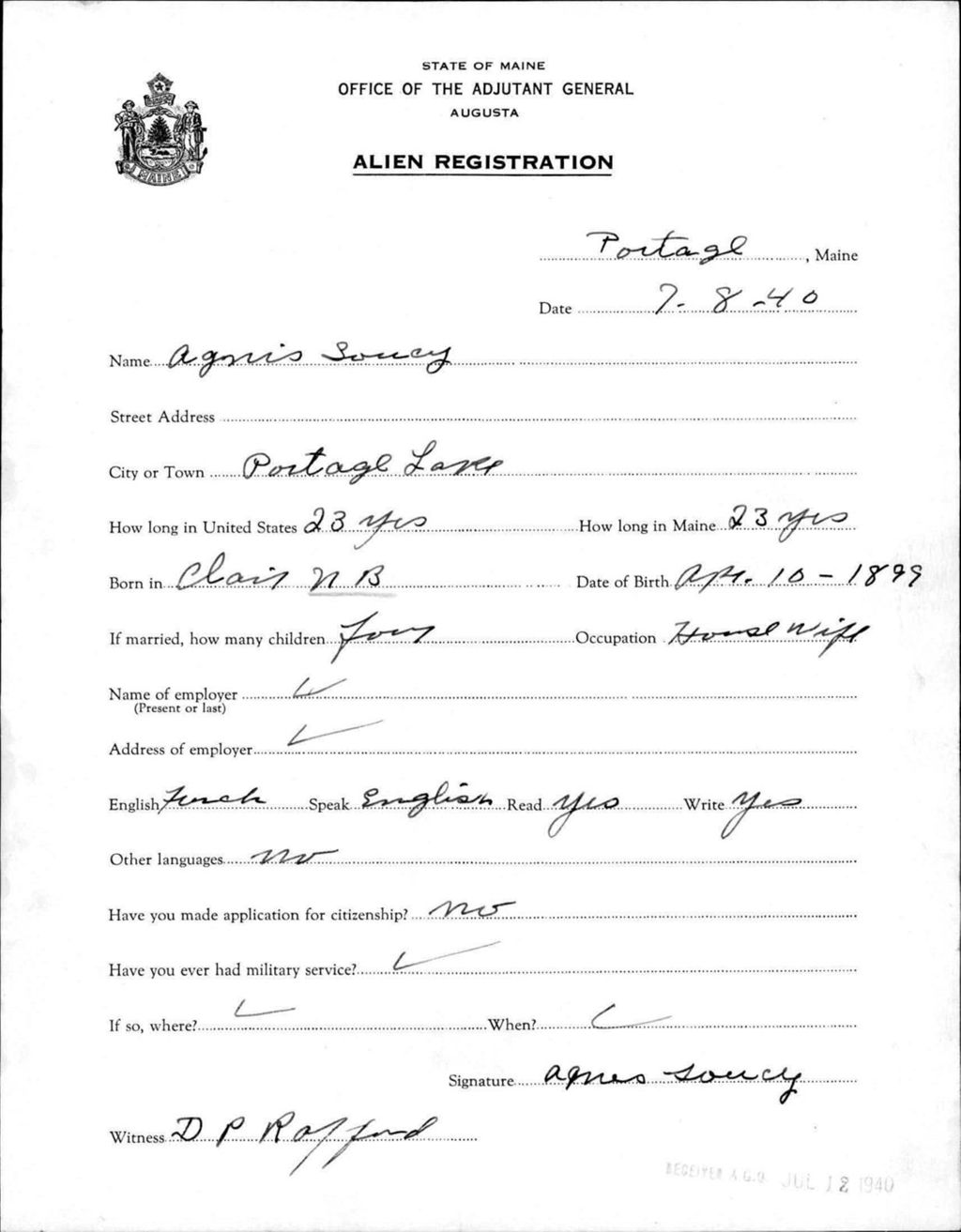 Miniature of Alien Registration- Soucy, Agnes (Portage Lake, Aroostook County)