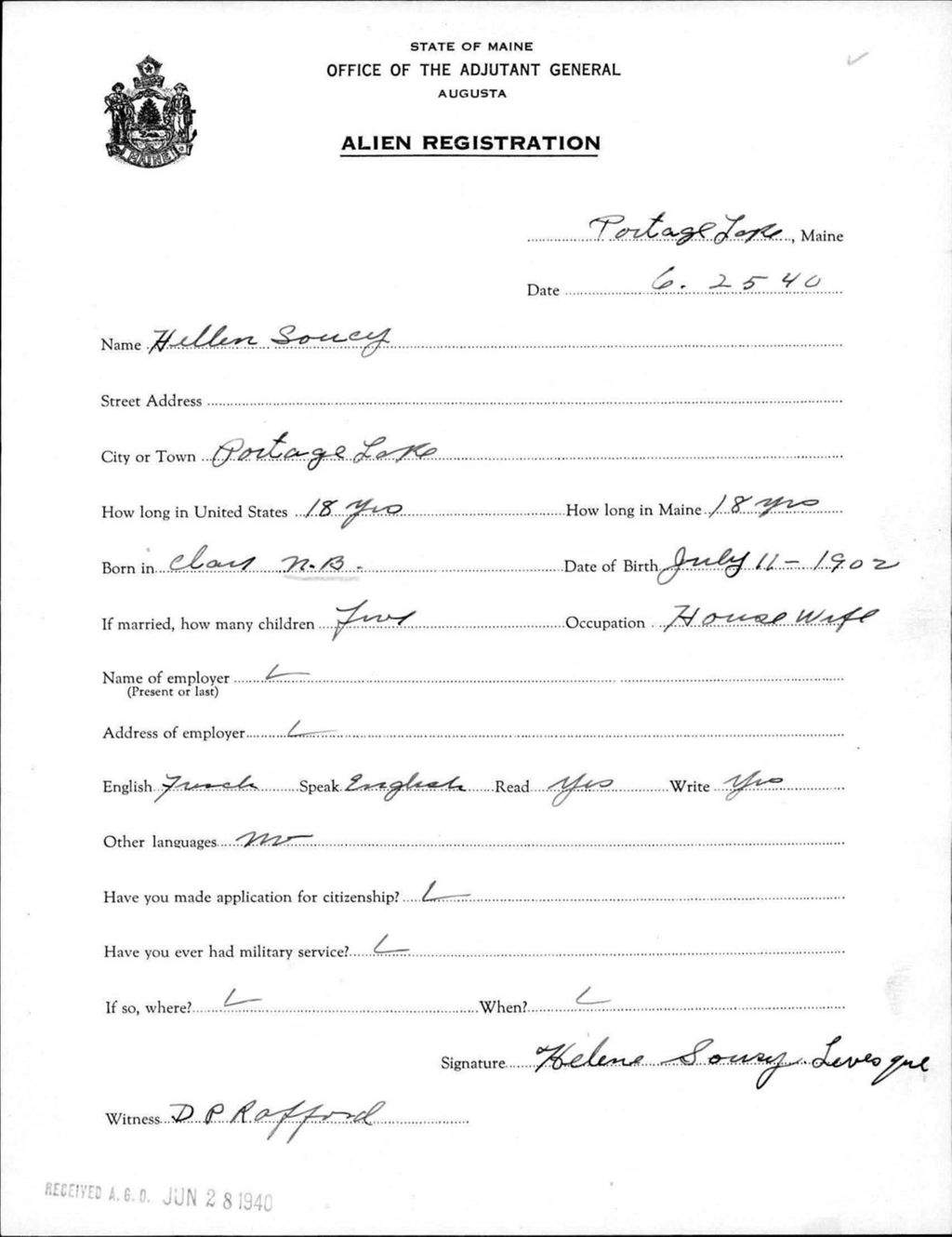 Miniature of Alien Registration- Soucy, Hellen (Portage Lake, Aroostook County)