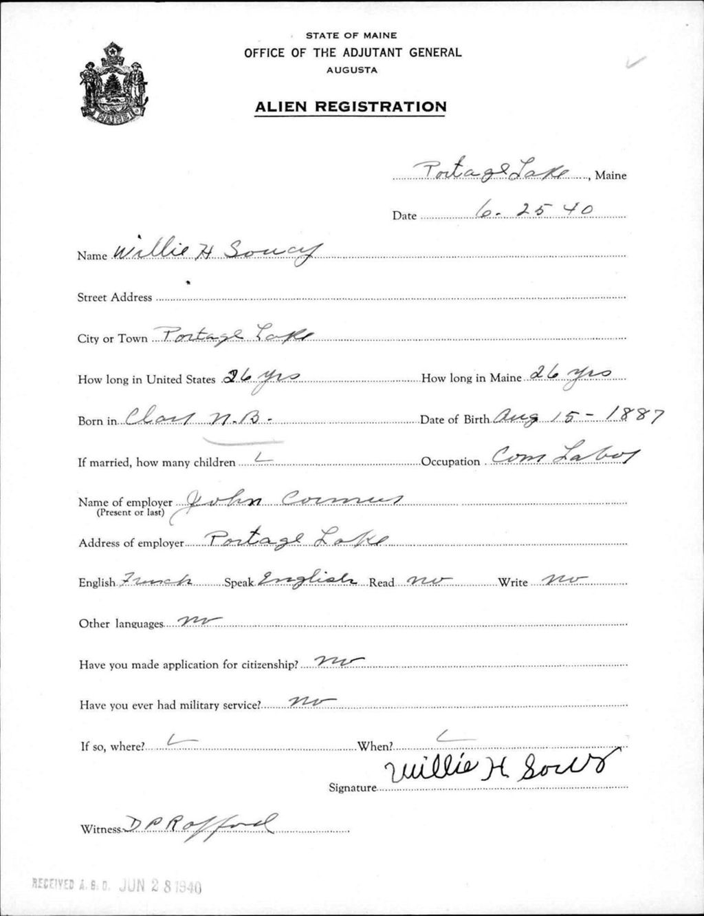 Miniature of Alien Registration- Soucy, Willie H. (Portage Lake, Aroostook County)
