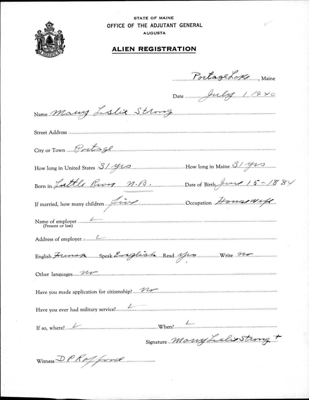 Miniature of Alien Registration- Strong, Marry L. (Portage Lake, Aroostook County)