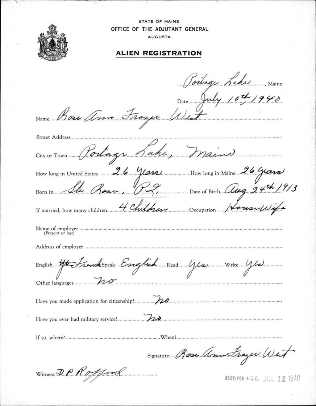 Miniature of Alien Registration- Frazer, Rose Ann (Portage Lake, Aroostook County)